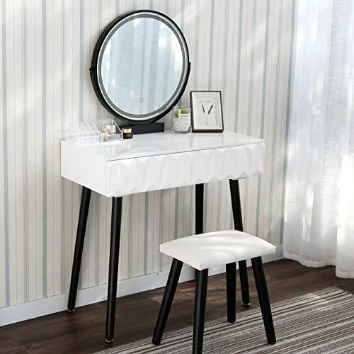 Yourlite Vanity Makeup Table Set With 3, Led Vanity Table Set With Lighted Touch Screen Mirror Cushioned Stool