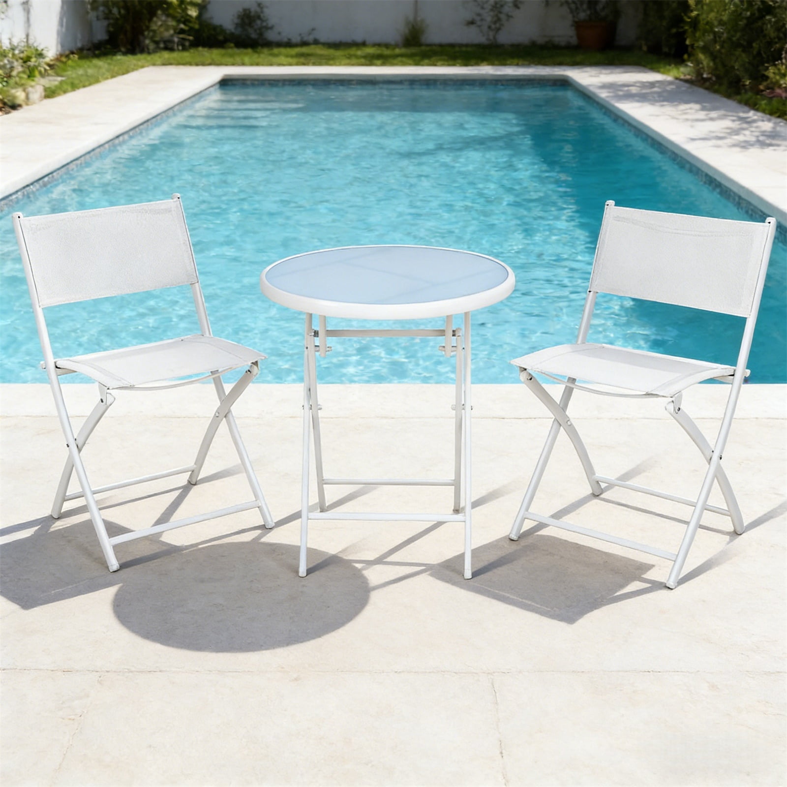 Hommoo 3 Pcs Patio Folding Bistro Set, Balcony Outdoor Folding Table Chairs Set, White