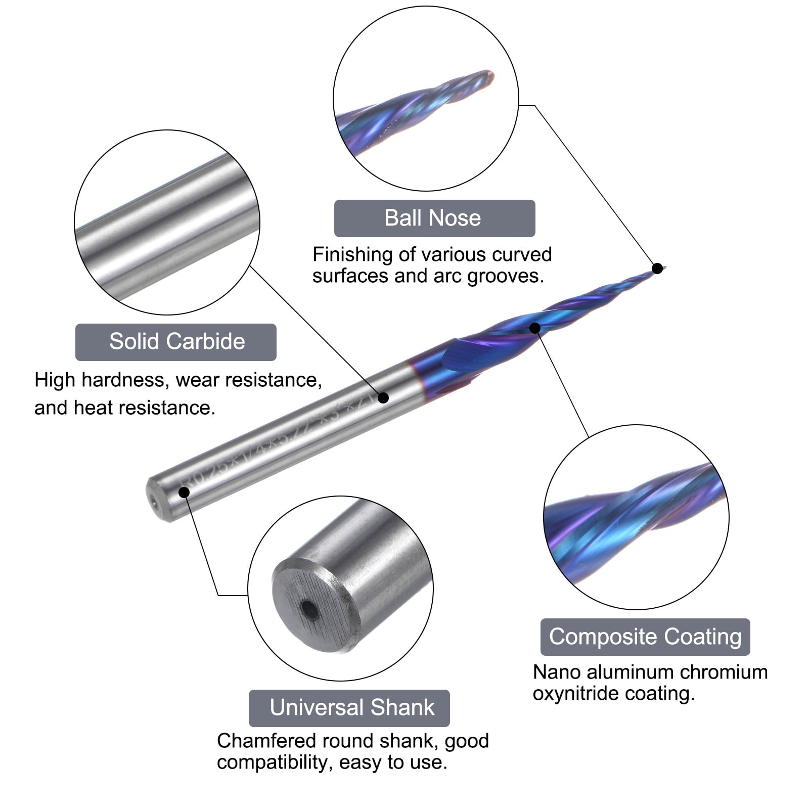 Uxcell Tapered Ball Nose End Mill 0.25mm Radius 1/4" Shank Solid Carbide Coated Upcut Spiral 2 Flutes