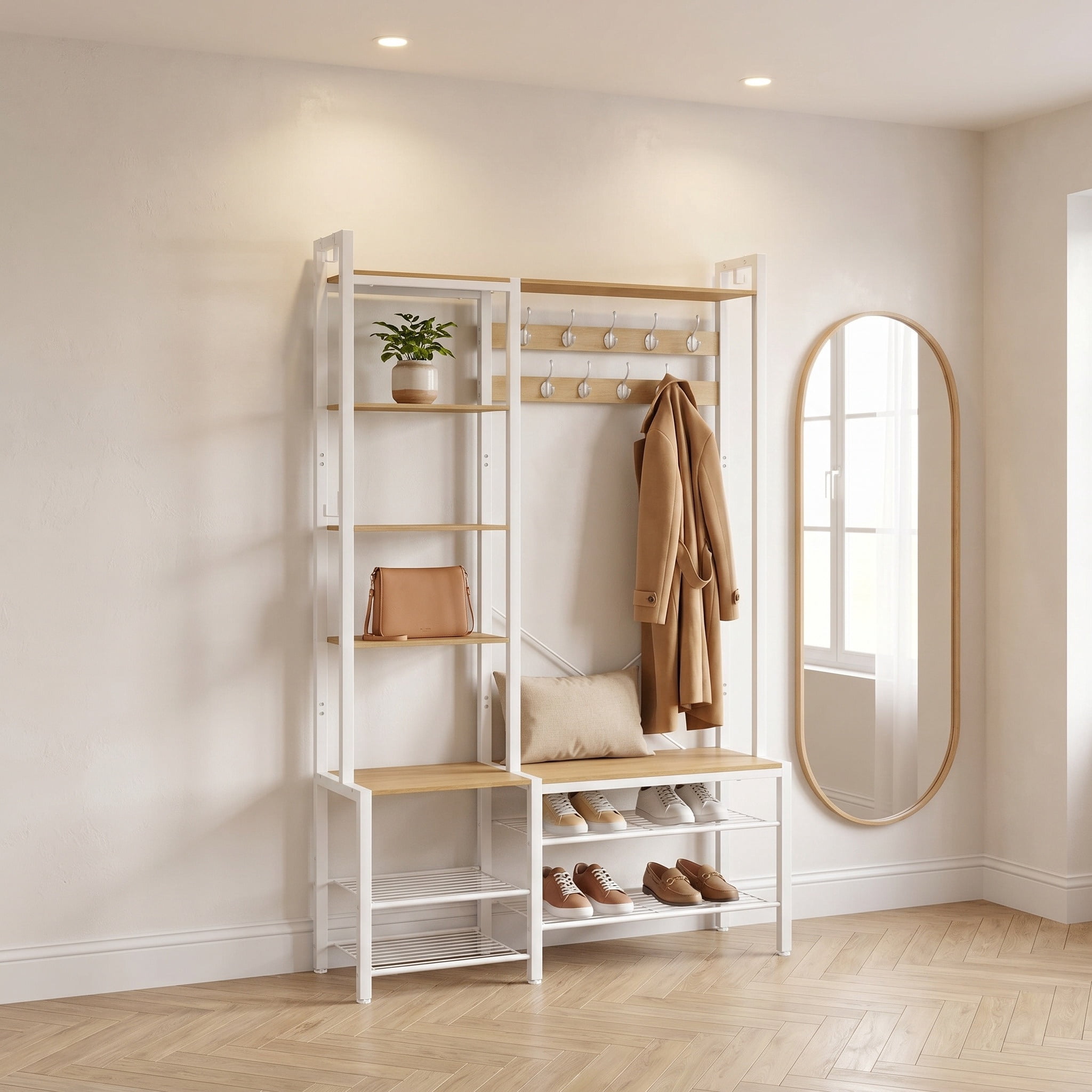 Nordic Hygge L-Shaped Corner Hall Tree with Bench & 5 Side Shelves, Golden Oak & Cloud White