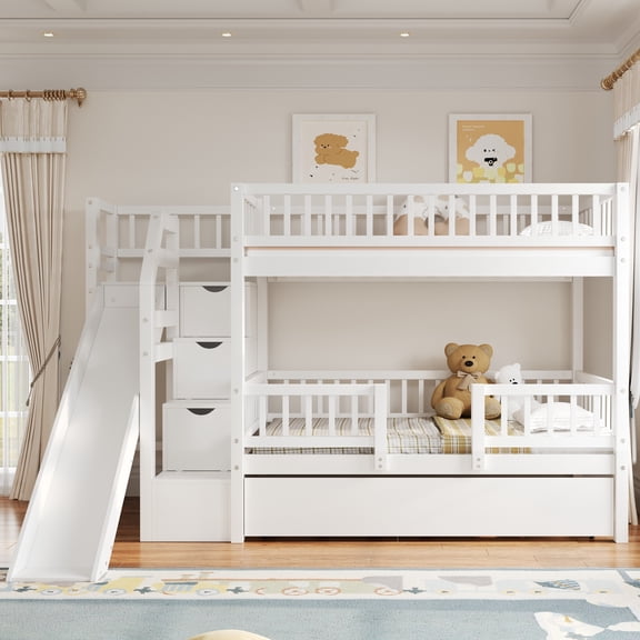 Euroco Wood Twin over Twin Bunk Bed with Trundle, 3 Beds in 1 with Storage Staircase and Slide, No Box Spring Needed, White