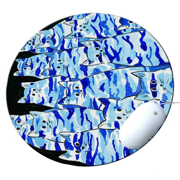 KuzmarK Round Mousepad / Hot Pad / Trivet - Blue Camo Camouflage Kitties Abstract Cat Art by Denise Every