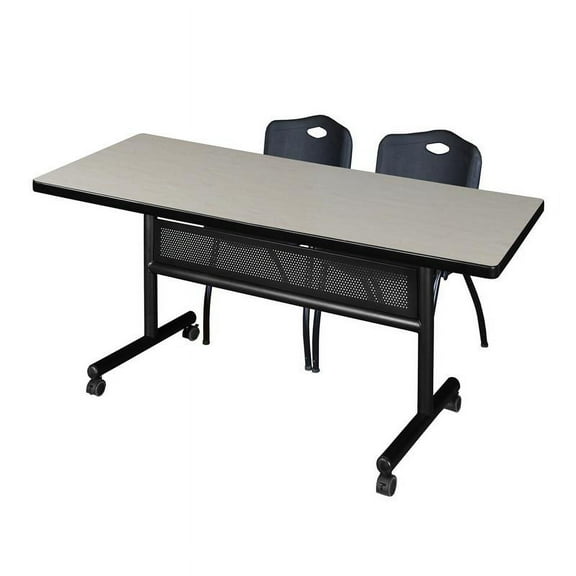 72" x 30" Flip Top Mobile Training Table w/ Divider- Maple & 2 Stack Chairs