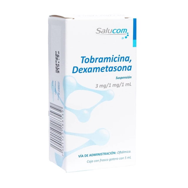 tobramicina dexametasona pisa salucom caja con frasco gotero con 5 ml caja 3/4 frontal blanca con texto azul 'Tobramicina, Dexametasona' 3 mg/1 mg/1 mL suspensión oftálmica; indica 'Caja con frasco gotero con 5 mL', logotipo Salucom y diseño de gotas azules en el frente, etiqueta y código de barras visibles. Consulte a su médico.