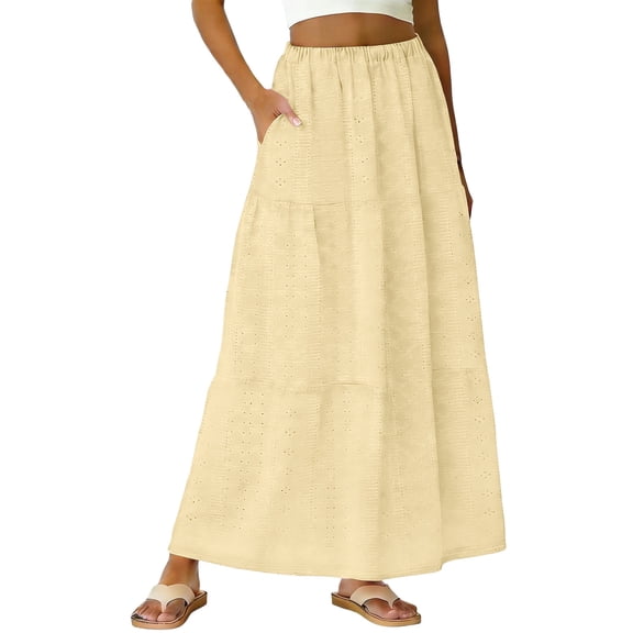 Ygbgbb Women's Summer Casual Maxi Skirt Eyelet Embroidery Skirt High Waisted Elastic Waist Flowy A-Line Long Skirt Lightweight Boho Skirt for Beach Vacation and Everyday Wear Yellow L