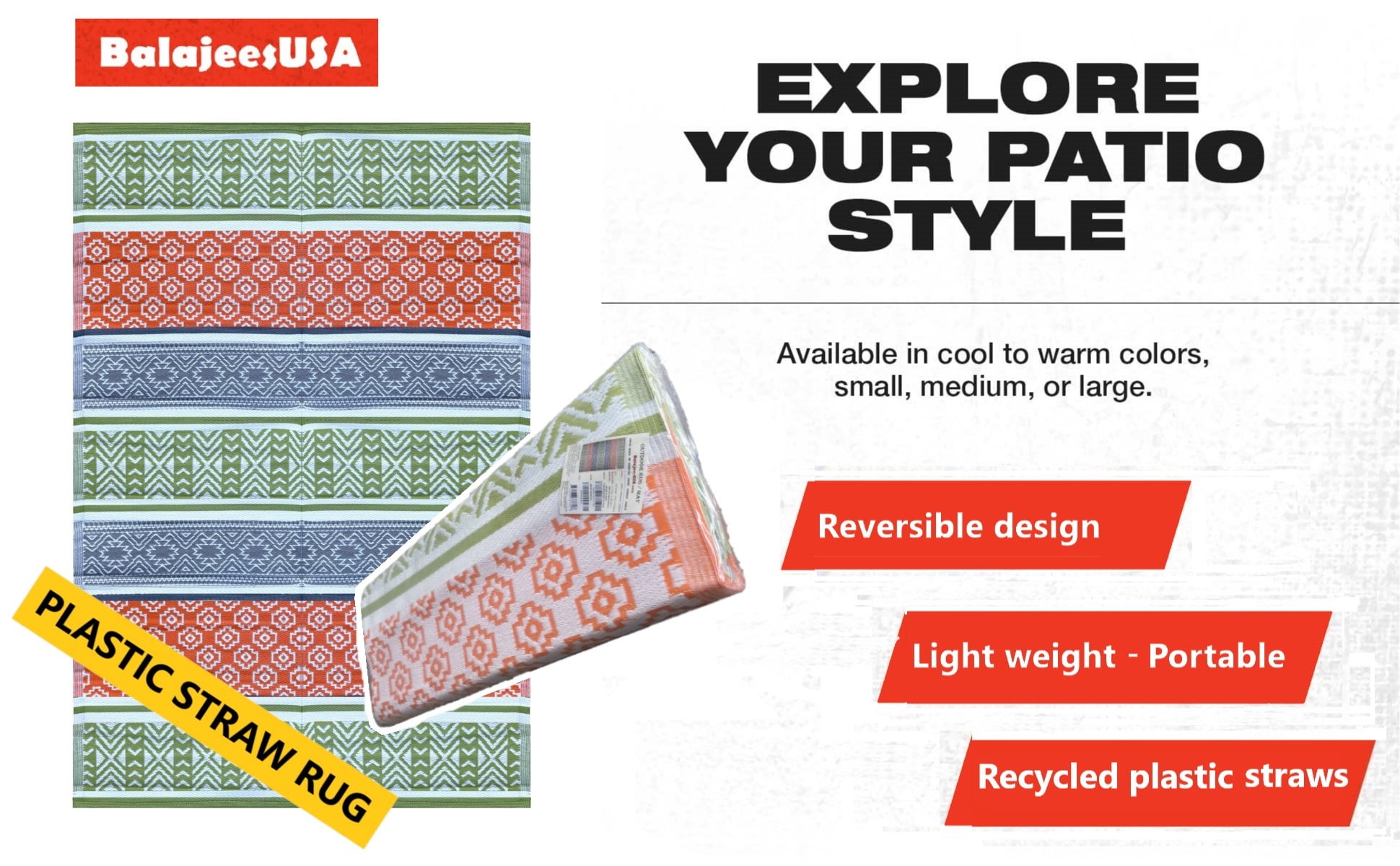 BalajeesUSA Large Patio Camping Picnic Outdoor Rug Mat 9x18 ft Green Orange Reversible Waterproof