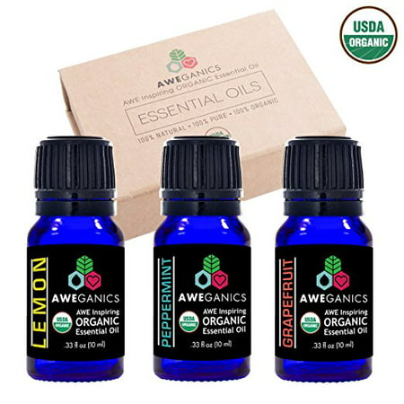 Aweganics USDA Organic Essential Oils for Energy, 3 Pack Oil Blends Aromatherapy Gift Set, 100% Pure, Natural, Best Energy Boosting Scented-Oils, Grapefruit, Lemon, Peppermint - 10 ml - MSRP