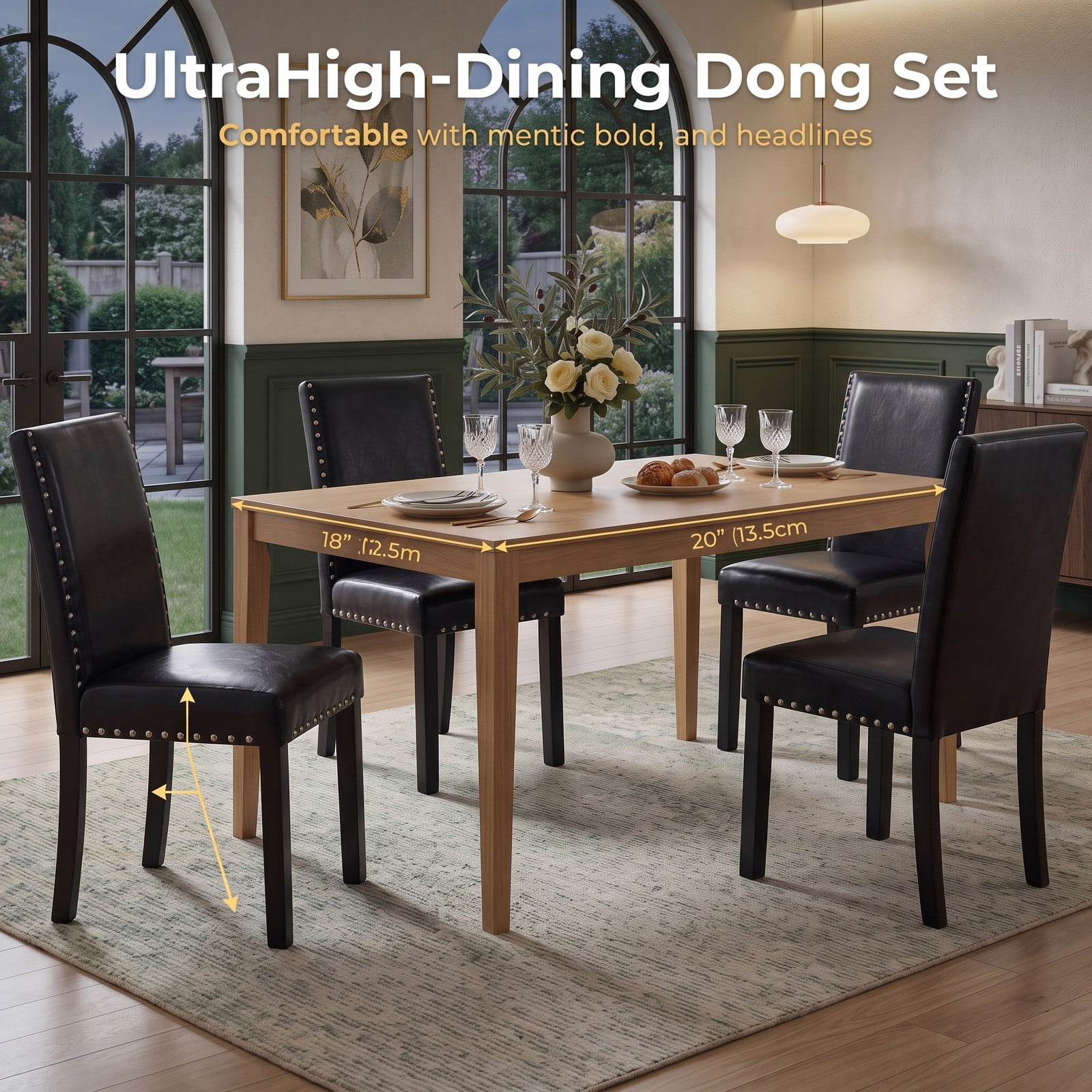 Furnibear Set of 4 Dining Chairs, Upholstered Faux Leather Kitchen Chairs with Solid Rubber Wood Legs, Nailhead Trim Armless Side Chairs for Dining Room, 400, Black