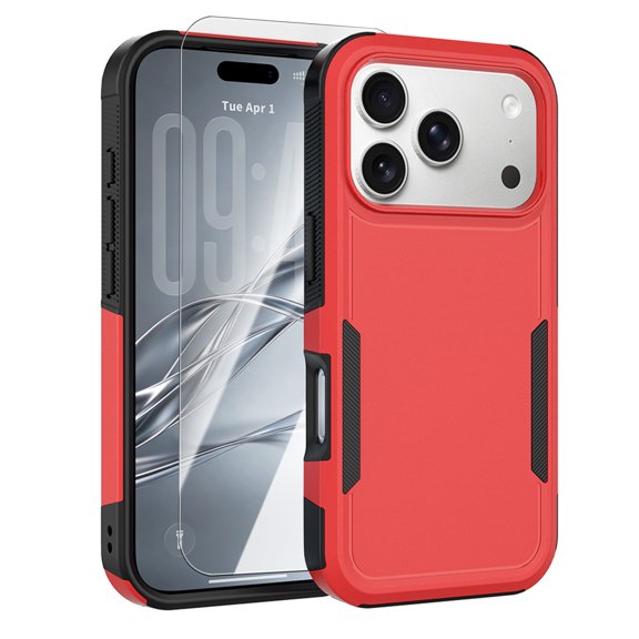 Dteck Rugged Case for iPhone 18 Pro Max with Screen Protector, Shockproof Hybrid Dual Layer Heavy Duty Hard PC TPU Bumper Anti-Fingerprint Cover, Red