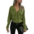 thumbnail image 3 of VISgogo, blusas de chifón salvaje a la moda para mujer, camisa de un solo pecho con cuello vuelto de Color sólido, Tops informales de manga larga para oficina para mujer VISgogo  moda, 3 of 8