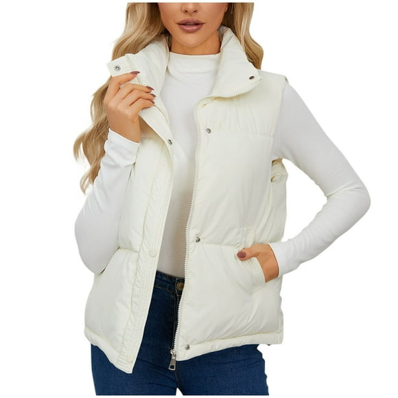 Pisexur Womens Winter Vest Solid Color Warm Puffer Vest Zip Up Sleeveless Crop Gilet Casual Lightweight Down Outerwear Jackets with Pockets
