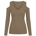 thumbnail image 6 of Womens Linen Shirt Women's Cold Shoulder Shirts - V-Neck Ribbed Slim Fits Tops - Stretchy Comfy Long Sleeve Daily Layering Base Top, 6 of 8