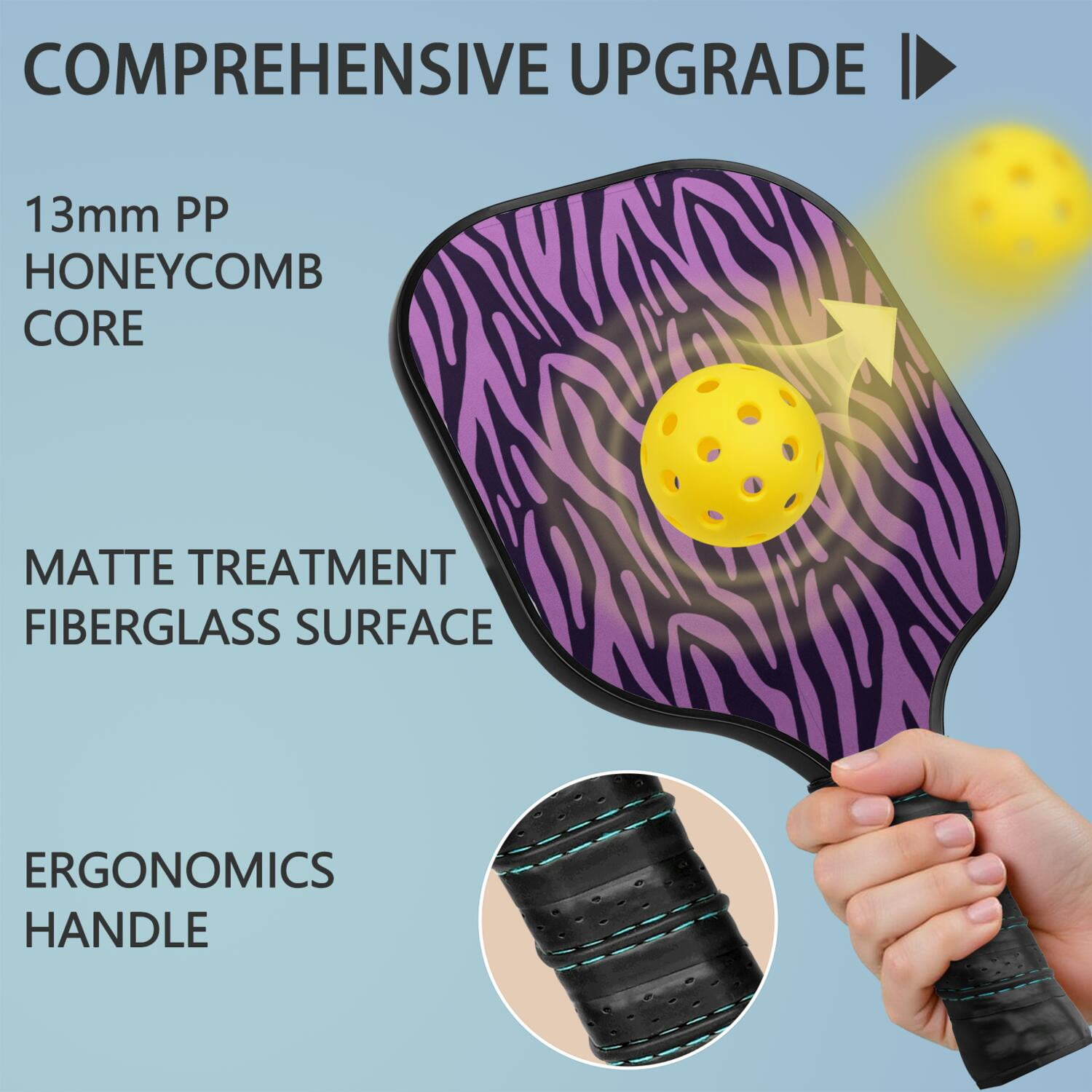 Pickleball Paddles Set Of 1, Fiberglass Surface, Animal, Leopard Print, 1 Paddle, 2 Balls & Bag