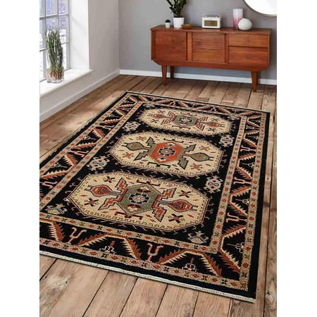 - Rugsotic Carpets Hand Knotted Afghan Wool And Silk 6'x9' Area Rug Kazak Black Cream AF0109