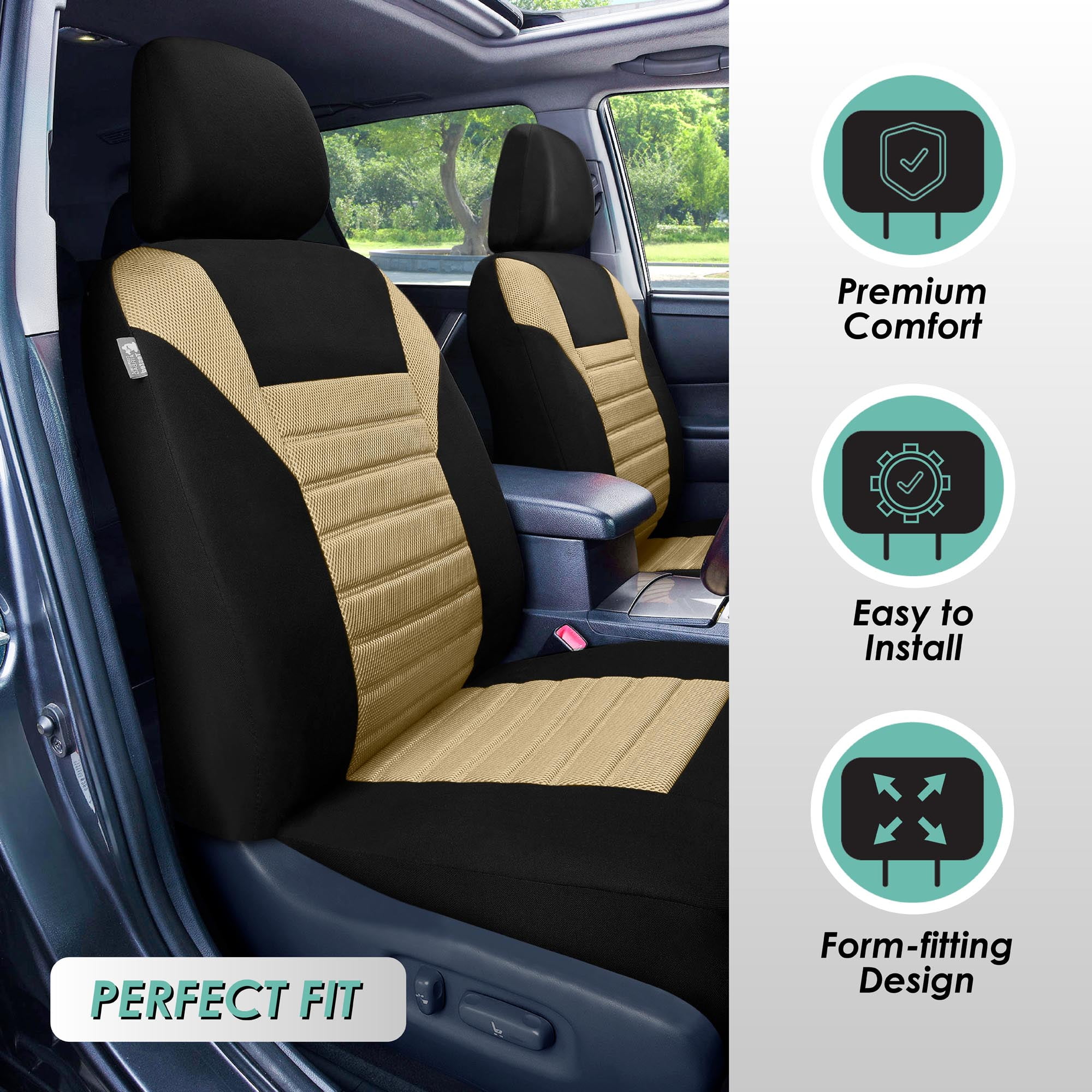 FH Group 3 Row Universal Fit Car Seat Covers Premium 3D Air Mesh with Removable Headrest,  Airbag Compatible for SUV, Sedan, Van Beige - 7 Seater