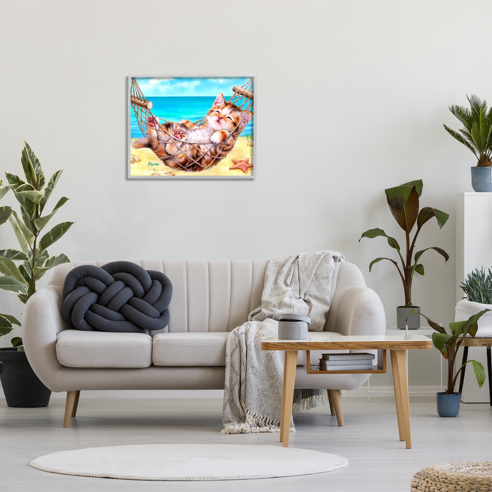 Stupell Industries Kitten in Beach Hammock Animals & Insects Painting Gray Framed Art Print Wall Art, 30 x 24