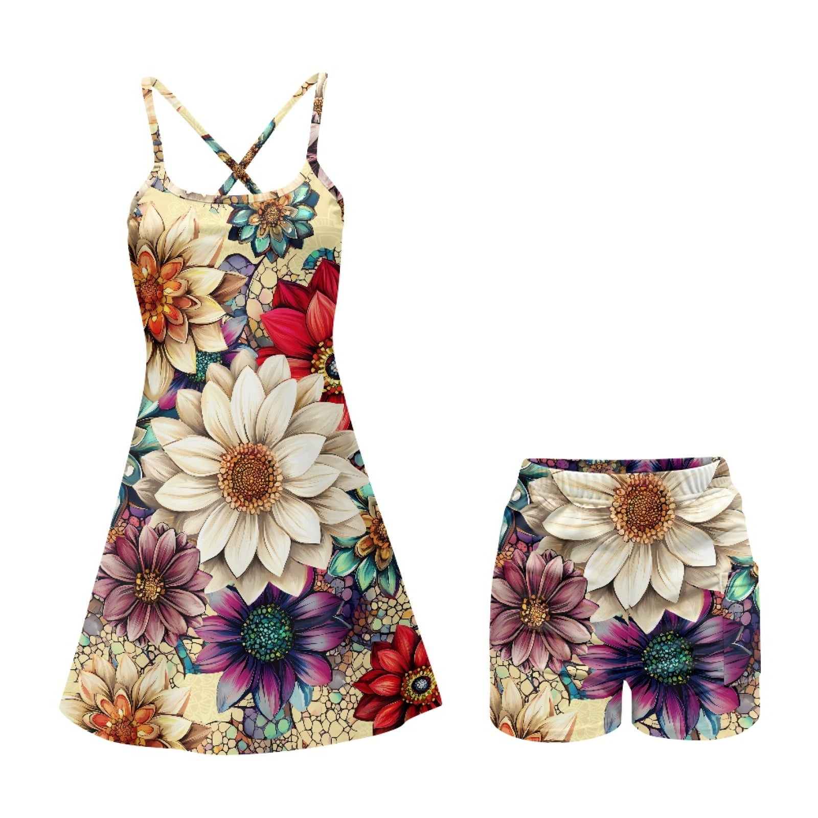 Yuyamidu Boho Flowers Tennis Golf Dresses Built-in Shorts for Women Size M, Floral Backless Active Dress Slim Fit Cross Open Back Athletic Dress