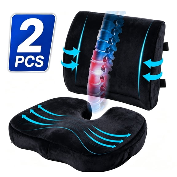 Guttylief Coccyx Seat Cushion & Lumbar Support Pillow for Office Chair, Wheel Chair and Car, Memory Foam Back & Tailbone Support, Black