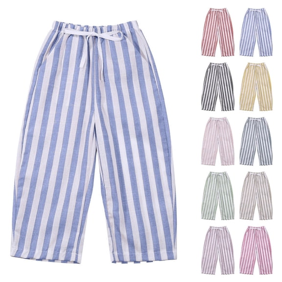 Quotay Baby Girl Pants Kids Minimalist Striped with Pockets Daily Elastic Waist Trousers for Girls 1-4 Years Blue,18-24 Months