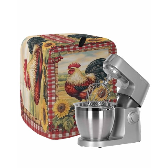 Vintage Rooster Stand Mixer Dust Cover with Storage Pocket & Handles, Pastoral Watercolor Sunflower Plaid Fits All Tilt Head & Bowl Lift Kitchen Appliance Cover Organizer Bag Accessories, 6-8 Quart