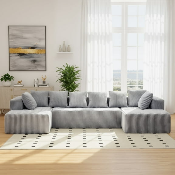 SEENYOO 130"Cloud Sectional Couch,Modular U Shaped Couch with Ottoman, No Assembly Required,Plush Corduroy Sofa with Deep Seat for Living Room,Grey