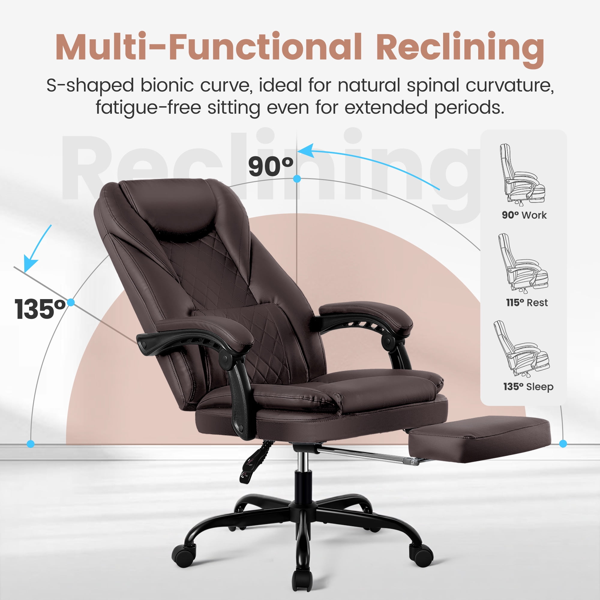 COOLHUT Executive Office Chair, Big and Tall Office Chair with Footrest Reclining Faux Leather Chair High Back Lumbar Support Ergonomic Office Chair with Padded Armrests, Coffee