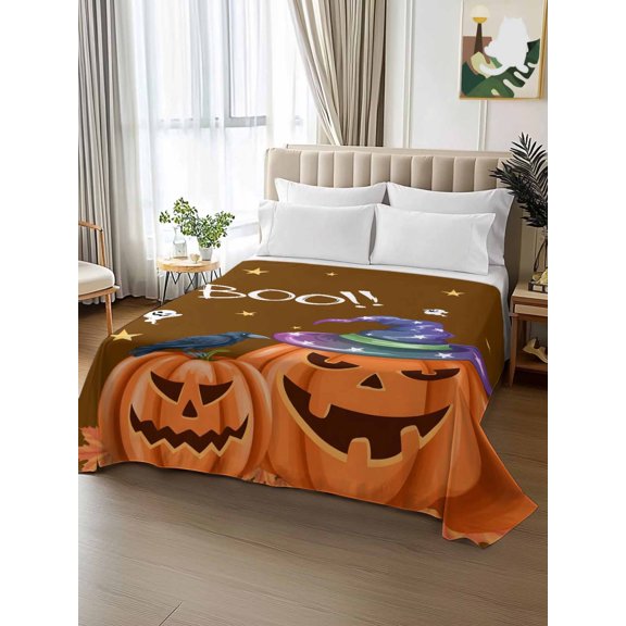 King Size Flat Sheet Only,Halloween Pumpkin Witch Hat and Boo Texts Soft Top Bed Sheets Breathable Bedding Sheet Brown Microfiber Hotel Luxury Top Sheets