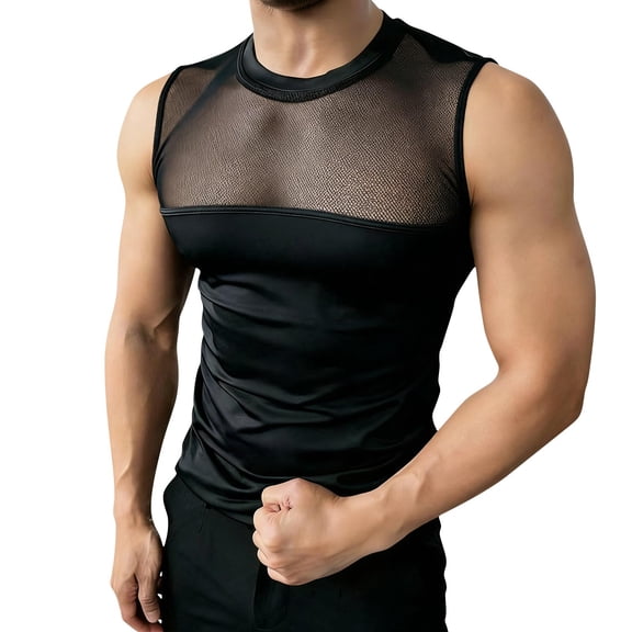 YLSDY Men's Sheer Mesh Panel Sleeveless Top, Slim Fit Transparent Tank with Solid Underlayer for Night Out Black Free Size