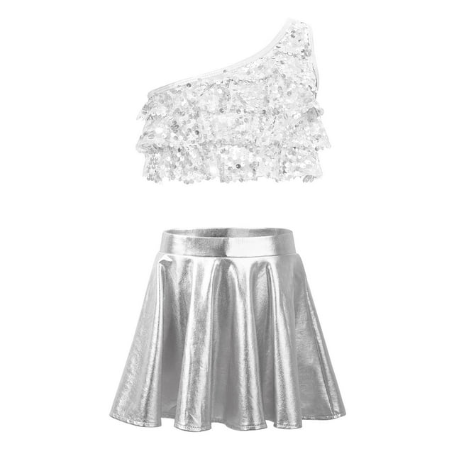 iefiel Filles Enfants Ensemble 2 Pcs Uniforme de Cheerleading Haut Court avec Jupe Plissée Costume de Scène Argent 12
