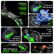Electric Scooter for Adults,48V 23.4AH 40Miles Long Range 1200W E-Scooter for Adults,Top Speed 30MPH Commuting E-Scooter with 11Off Road Tires, Full Suspension