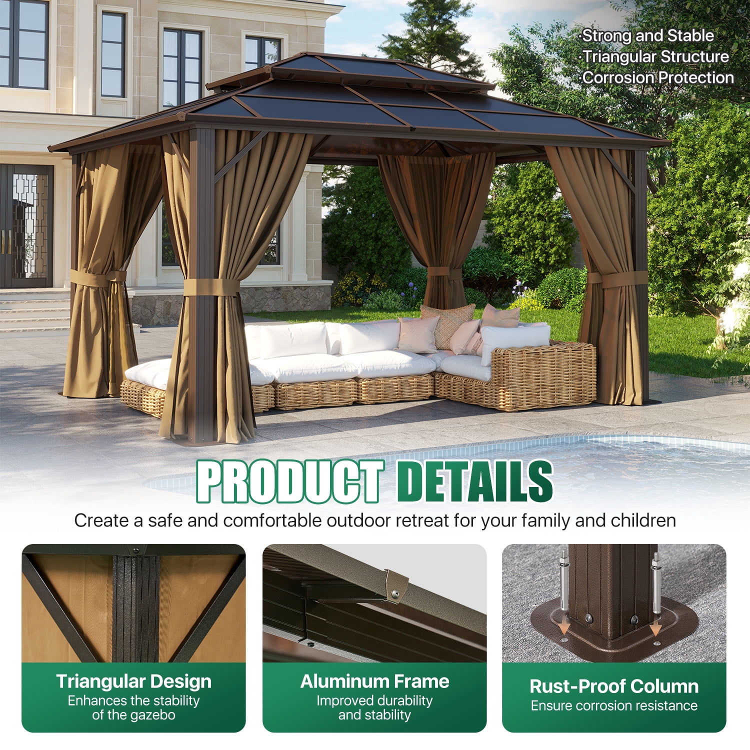 Clouddwell 10'x12' Hardtop Gazebo - Polycarbonate Double Roof with Netting & Curtains for Patio, Garden Sun Protection,Brown