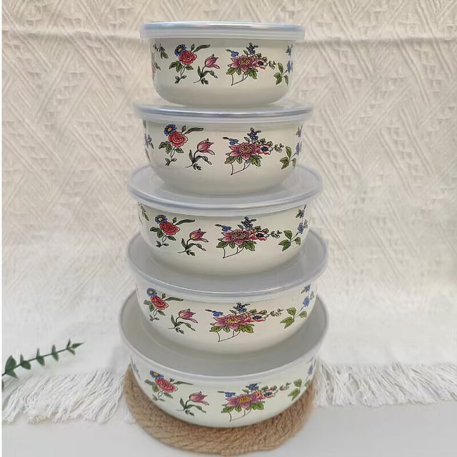 Cuenco para conservas de esmalte, juego de 5 cuencos para hielo, recipiente para conservas de esmalte, recipiente refrigerado