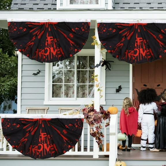 Kbndieu Halloween Decorations Outdoor, Halloween Flag Bunting, Half Fan Hanging Pleated Flag Banner with 3 Grommets for Indoor House Holiday Outside Yard Decorations Party Props