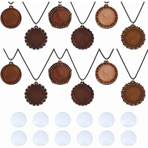 12 juegos de collares de madera bordados, bandejas colgantes, bases en blanco con cabujones y cuerdas, 6 estilos, 24 mm, para bricolaje, cabujones bordados, biseles de madera en blanco.