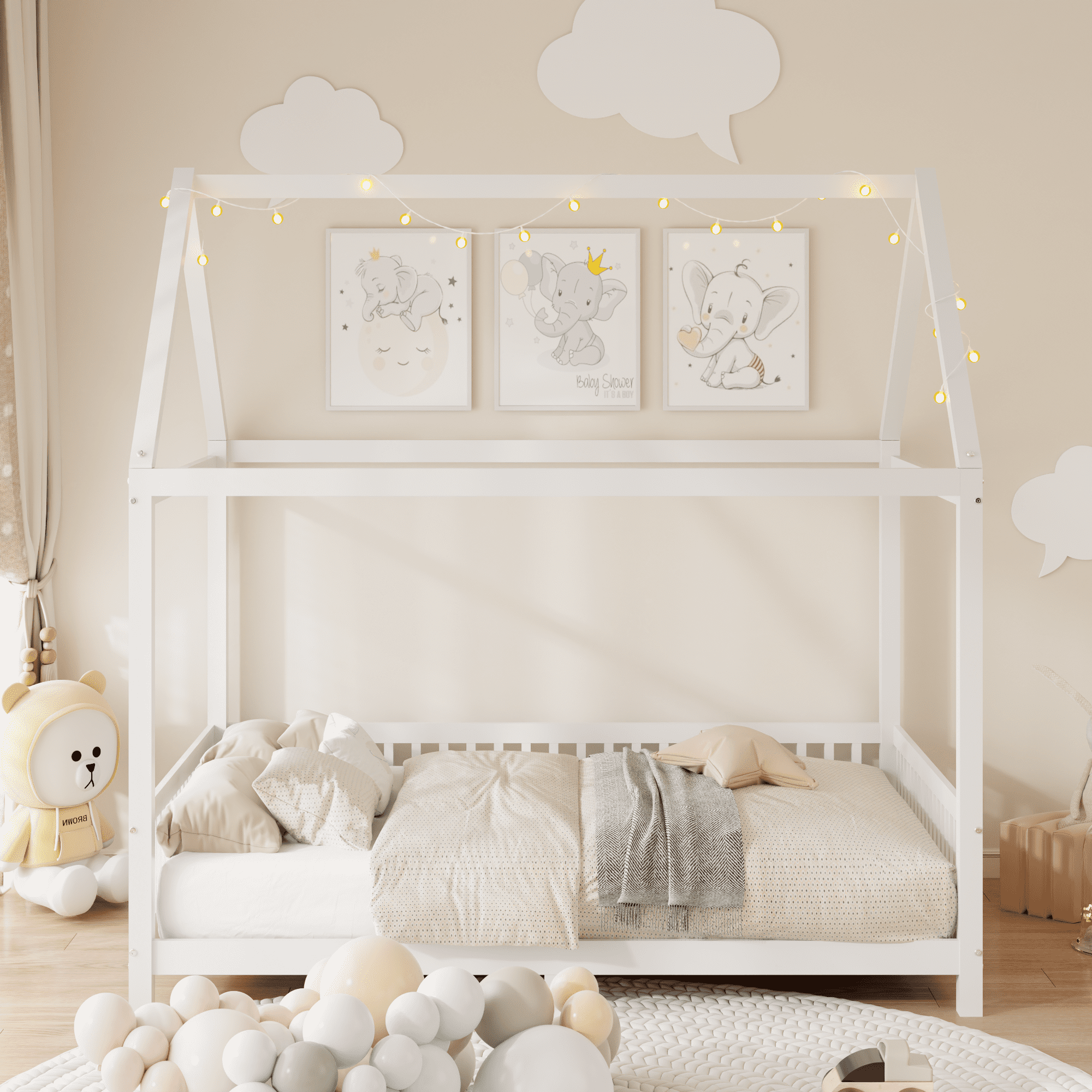 Solid and Stable Wood Full Size House Bed with Guardrail and Led (White)