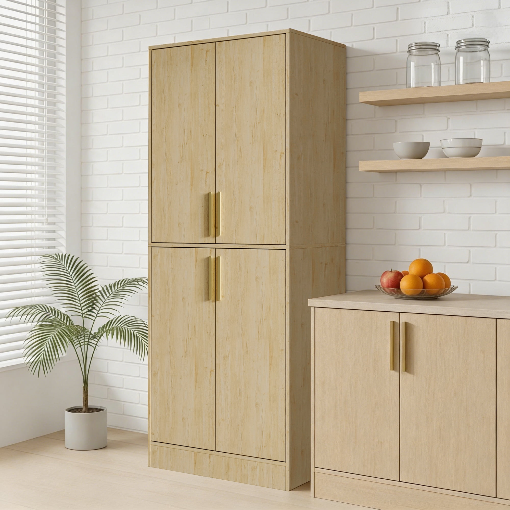 71" Tall Kitchen Pantry Storage Cabinet, Pantry Cabinet with 4 Doors, Freestanding Larder Cupboard, Kitchen Hutch with Gold Handles for Dining Room, Bathroom, Oak