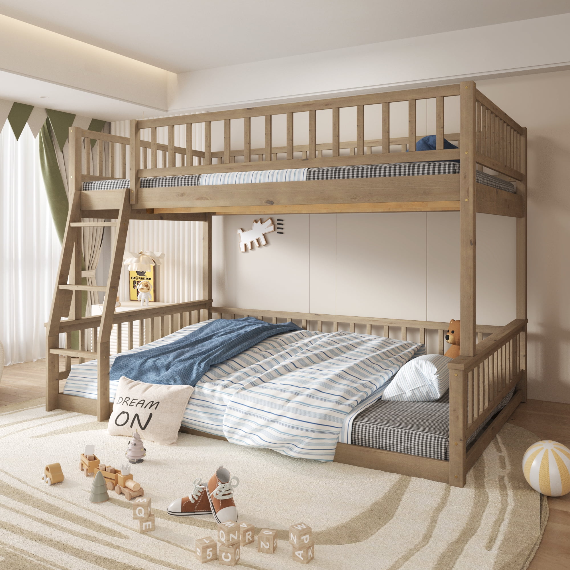 MAYEERTY Full XL over Queen Bunk Bed with Ladder and Guardrails, Walnut