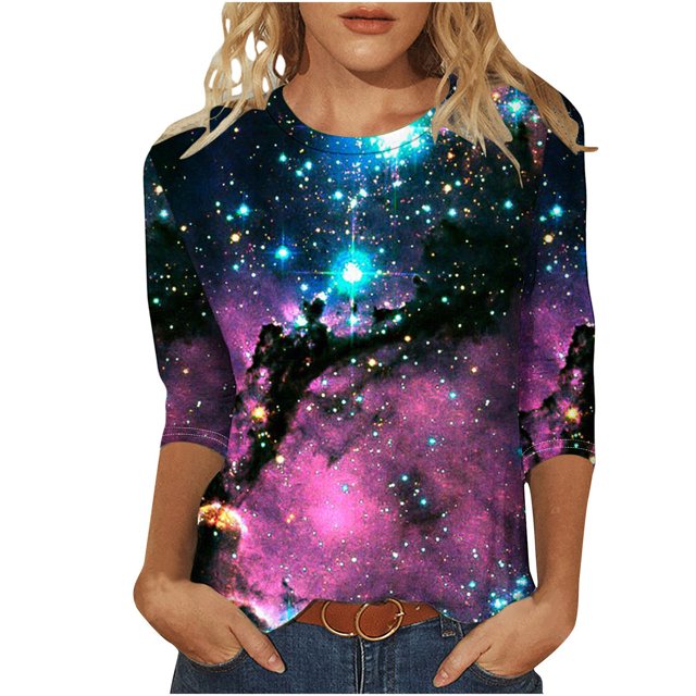 Blouses pour Femmes T-Shirt Imprimé Manches 3/4 Blouse Col Rond Décontracté, Blouses pour Femmes T-Shirts pour Femmes, Blouses pour Femmes Décontractées
