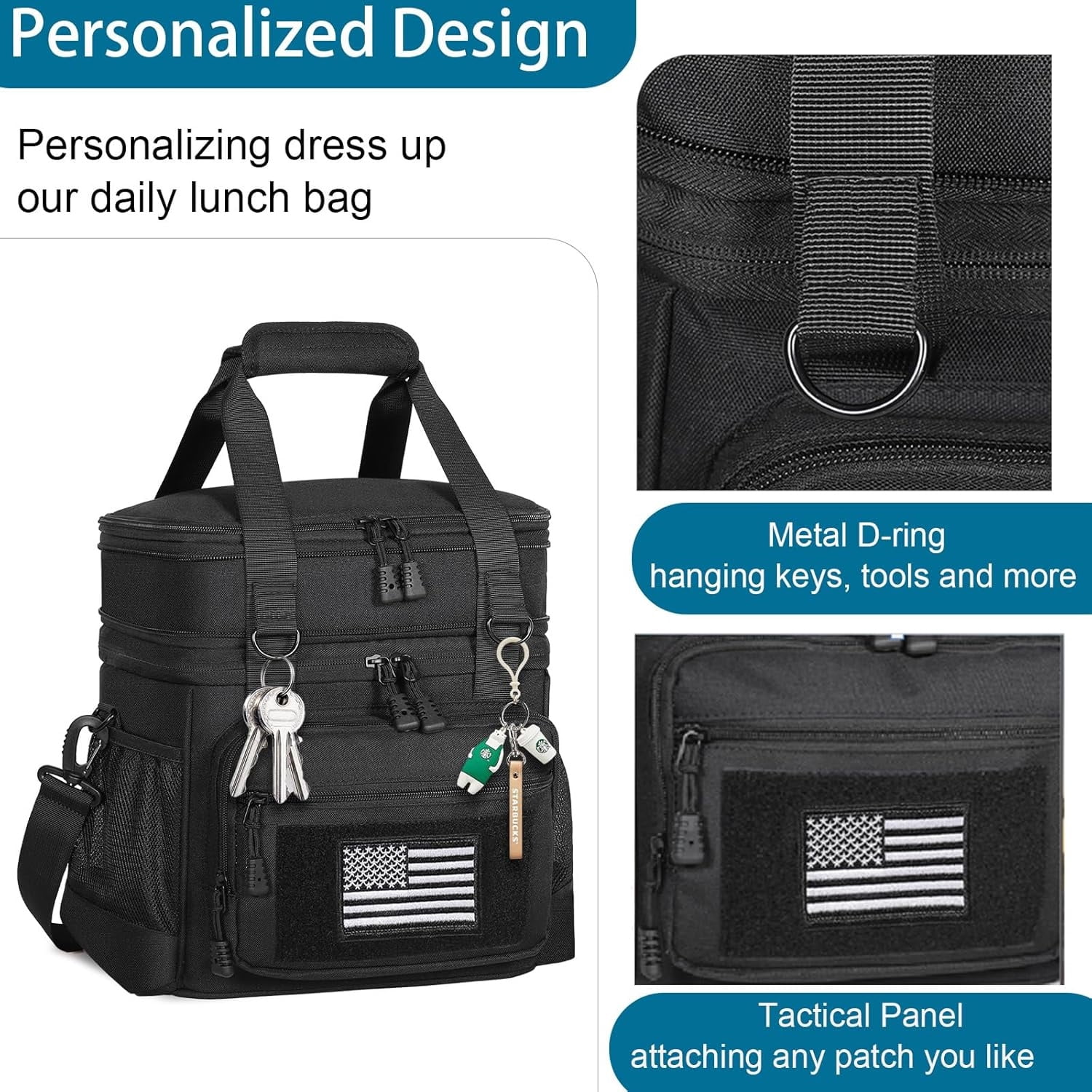 Double Deck Insulated Lunch Box, Expandable XLarge Lunch Bag Leakproof Cooler Bag Lunch Pail for Men Women Adults Work Shifts Travel Daytrip,22L,Black