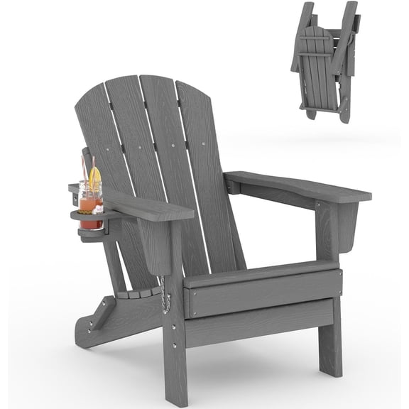 Folding Adirondack Chair HDPE Wood-Grain with Cup Holder Weather-Resistant for Patio Deck Garden Grey