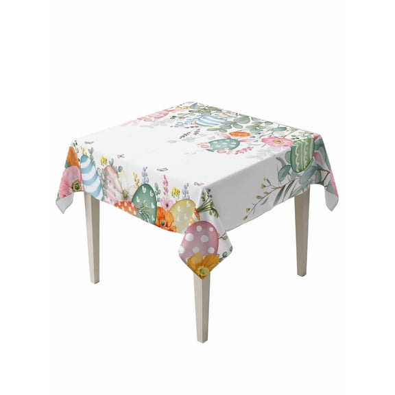 Easter Eggs Table Cloth, Waterproof Tablecloth for Square Tables, Bunny Eucalyptus Leaves Spring Flower Plant Reusable Washable Fabric Table Cover for Restaurant Kitchen Dining Tables 54"x54"