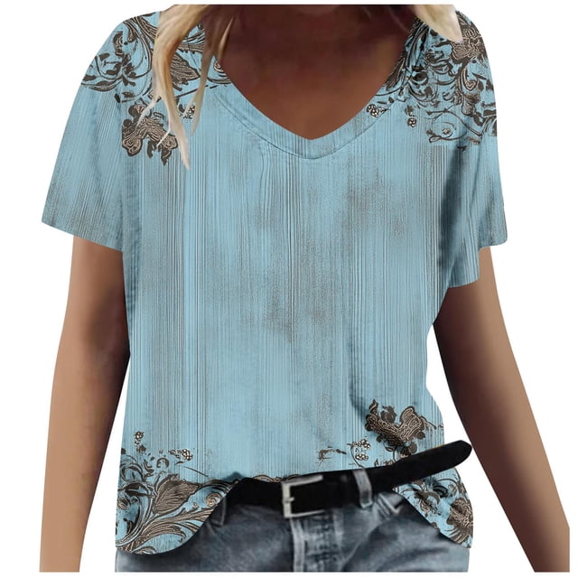 Tops Cortos para las Mujeres Impresión V-Cuello Suéter Blusa, Manga Corta de Poliéster Top de Moda, Lavado a Mano Todas las Estaciones Desgaste Casual