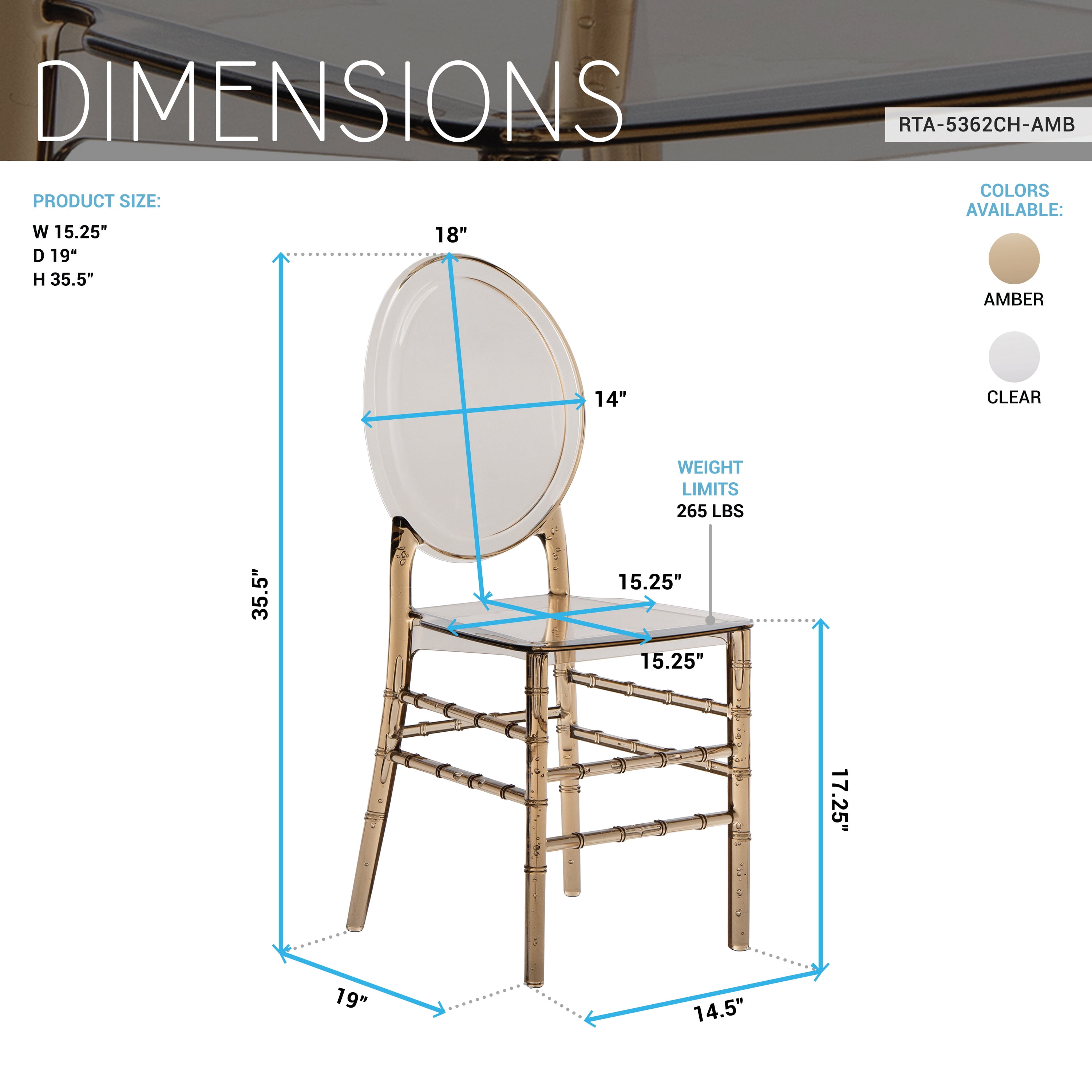 Techni Home Chiavari Style Ghost Chair, Set of 2 Stackable Acrylic Chairs for Weddings, Parties, Events, Extra Dining Seating, Modern Versatile for Indoor/Outdoor Use, Amber