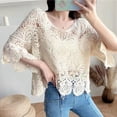 thumbnail image 5 of Women French Hollow Out Crochet Knit T-Shirts 3/4 Sleeve Crewneck Floral Lace Loose Blouse Beach Cover Up Tops, 5 of 8
