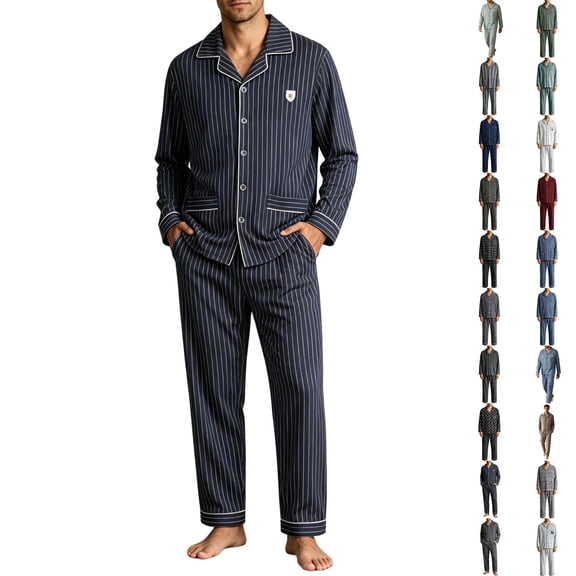 Zylanna Men's 100% Cotton Pajama Set with Pockets, Breathable Long Sleeve Button Down Shirts and Pants Spring Fall Loungewear Outfit Sets for Sleep Black