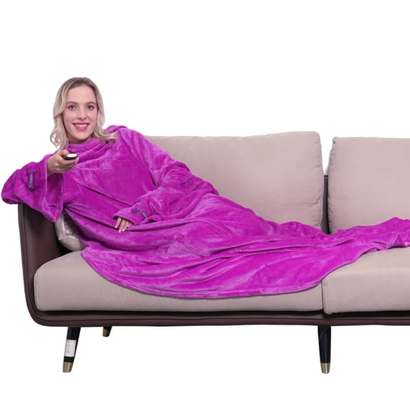 Winthome Warm Wearable Blanket with Sleeves for Adults Child Cozy Soft Sofa TV Throw Blanket with Hook and Loop Fastener Elastic Cuffs Purple 55''x67' Machine Washable