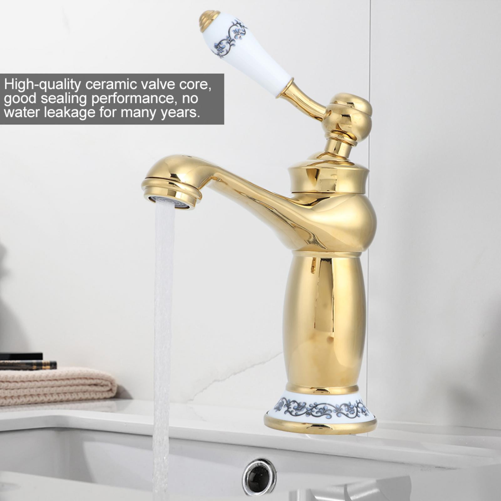 BIMZUC Stylish Antique Gold Brass Basin Faucet Hot and Cold Water Tap for Bathroom Vanity Sink with Double Hose Installation Kits, Premium Electroplating Surface, 7.3 inches / 18.5 cm Height