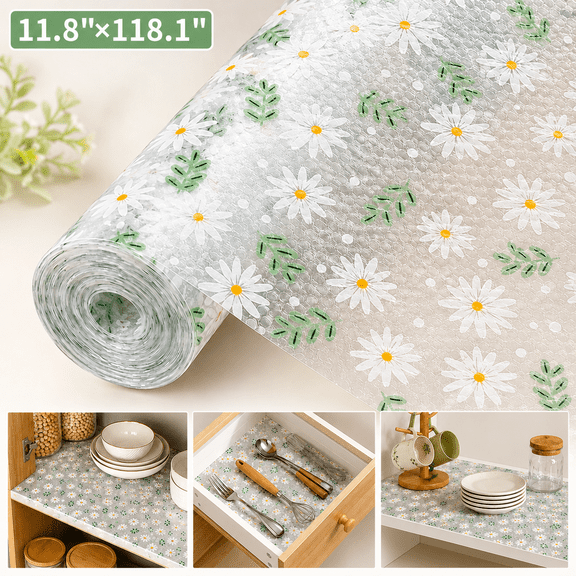 11.8"×118.1" Green Daisy Shelf Liner, 350g - Durable Non-Slip Liner for Kitchen Cabinets, Waterproof Shelf, Drawers & Shelves, No Slip Cupboard Mats Non Adhesive EVA Place Mats Roll
