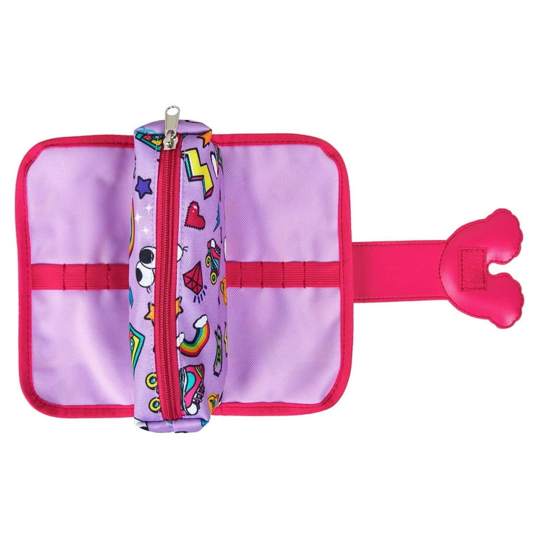 + Pencil Pouch, Rainbow Gear Pink 10 Icon Trim Elastic Slots, with Pen Print Pen Purple