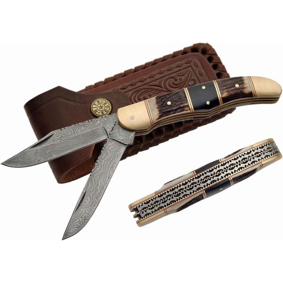 SANZ 2-Blade Knife – 5" Closed, Damascus Steel Blades, Stag Handle, Brass Bolsters, Leather Sheath